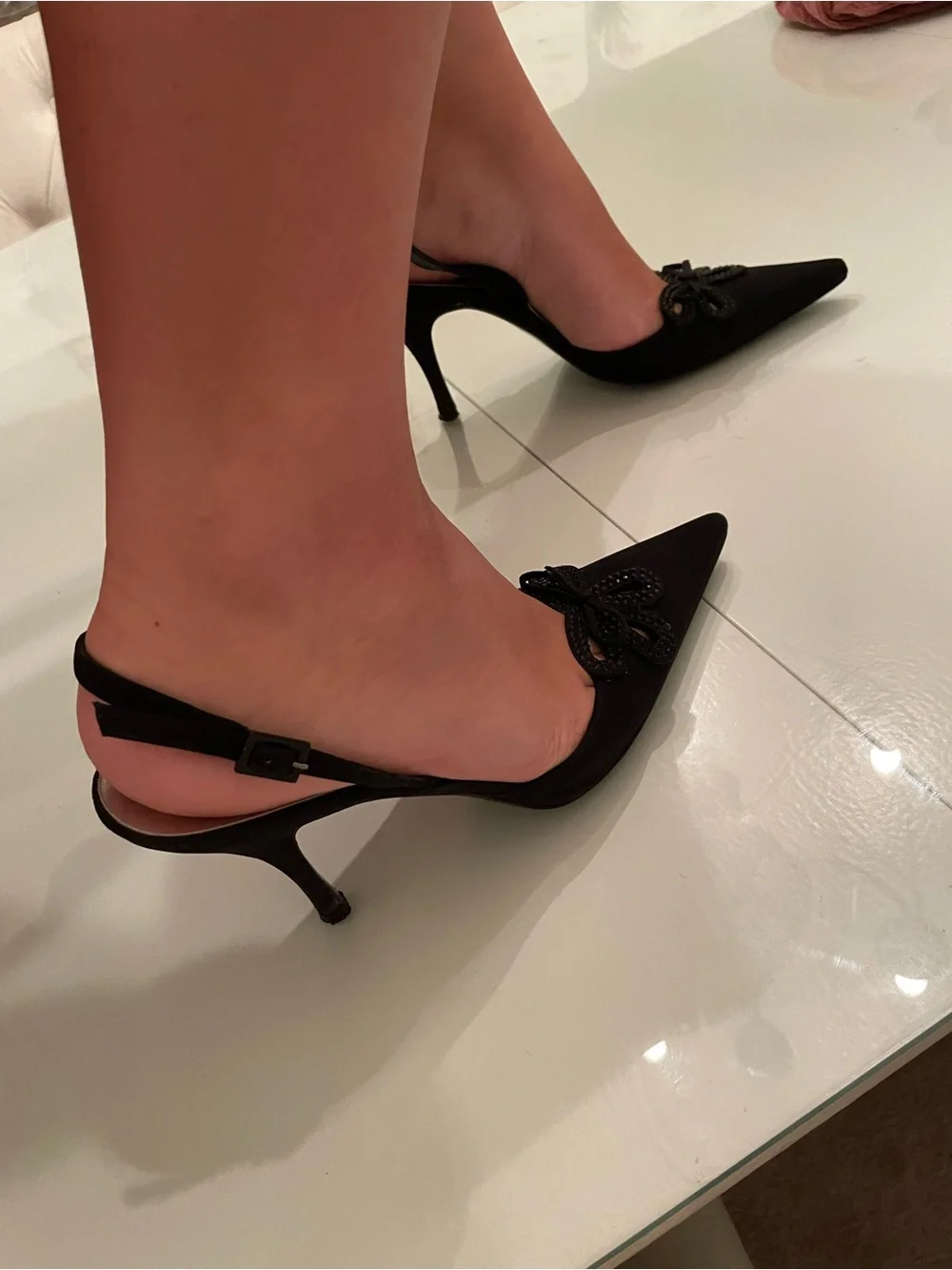 Stuart Weitzman Black Beaded Bow Slingback Heels
